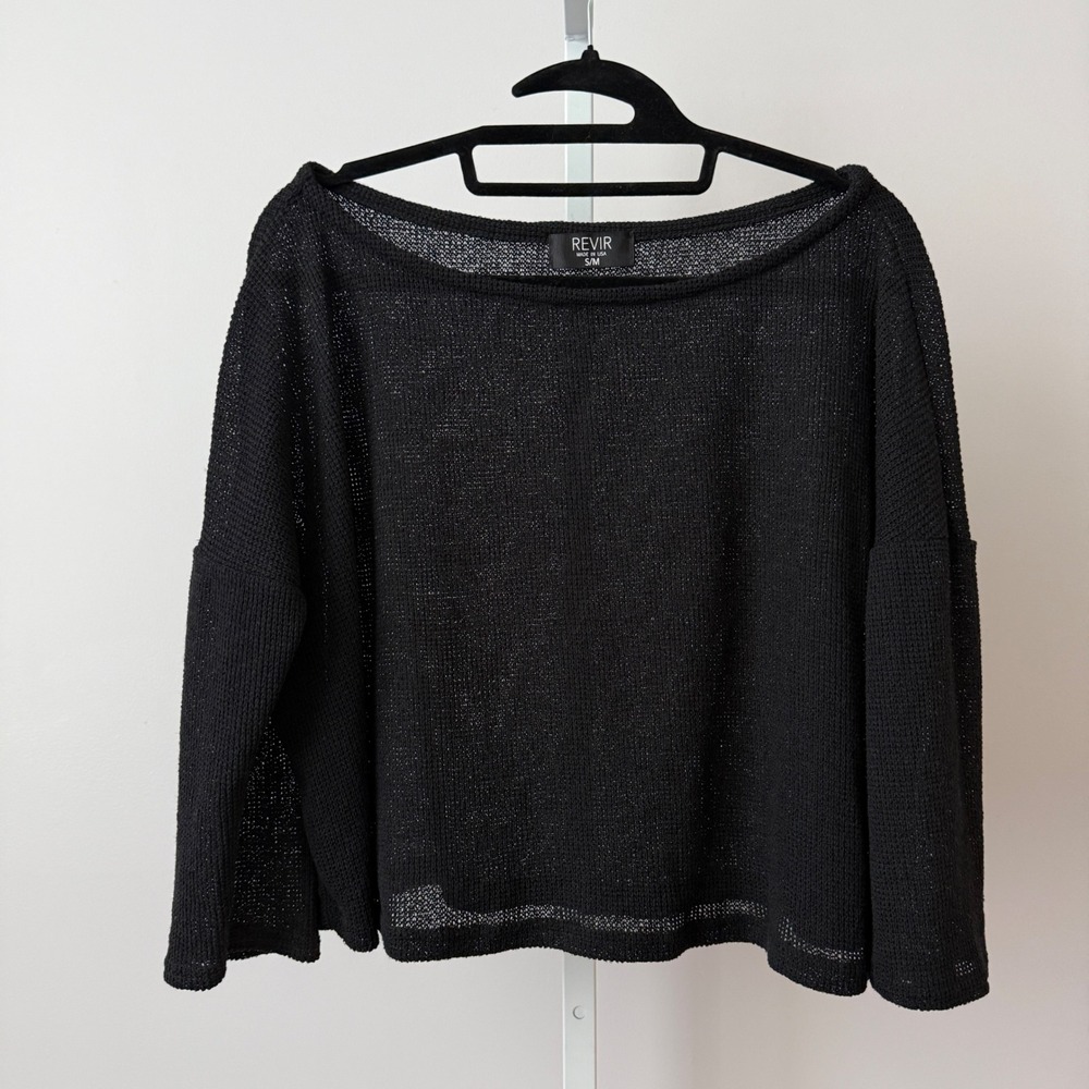 REVIR Whimsigoth Goth Boho Relaxed Sheer Knit Boat Neck Boxy Sweater S/M Black
